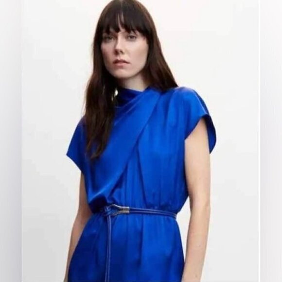 Mango, Women's Satin Jumpsuit with Belt - Blue. Size: XS. NWT. - Picture 5 of 5